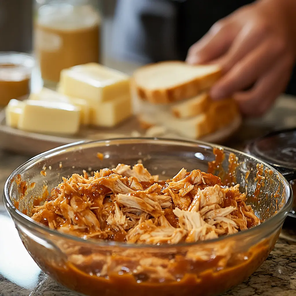 BBQ Chicken Grilled Cheese sandwich with melted cheese, smoky BBQ chicken, and crispy golden bread, served on a rustic wooden table.