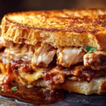 BBQ Chicken Grilled Cheese sandwich with melted cheese, smoky BBQ chicken, and crispy golden bread, served on a rustic wooden table.