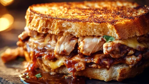 BBQ Chicken Grilled Cheese sandwich with melted cheese, smoky BBQ chicken, and crispy golden bread, served on a rustic wooden table.