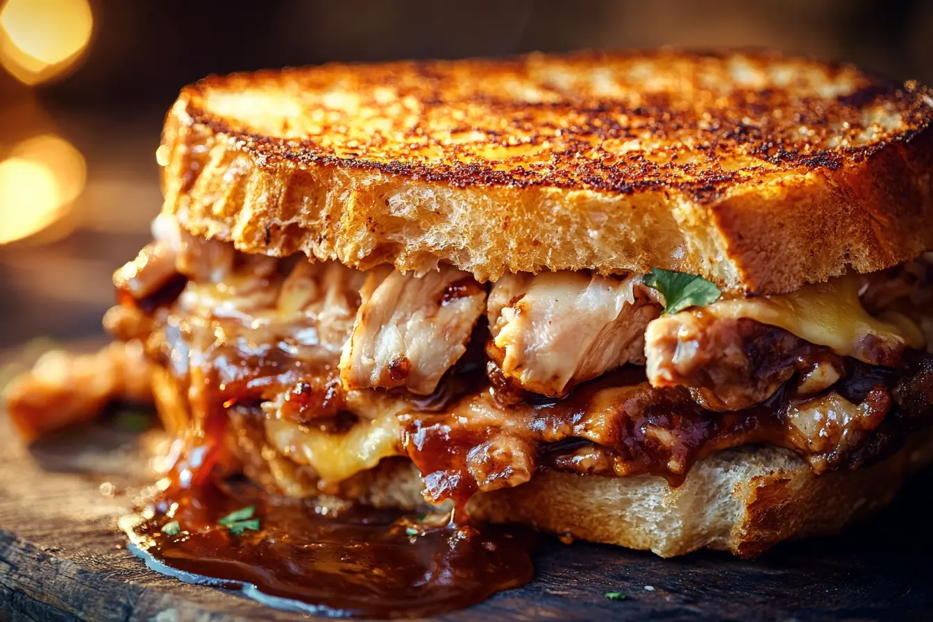 BBQ Chicken Grilled Cheese sandwich with melted cheese, smoky BBQ chicken, and crispy golden bread, served on a rustic wooden table.