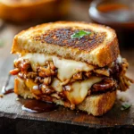 BBQ Chicken Grilled Cheese sandwich with melted cheese, smoky BBQ chicken, and crispy golden bread, served on a rustic wooden table.