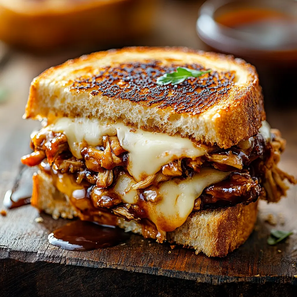 BBQ Chicken Grilled Cheese Sandwich BBQ Chicken Grilled Cheese sandwich with melted cheese, smoky BBQ chicken, and crispy golden bread, served on a rustic wooden table.